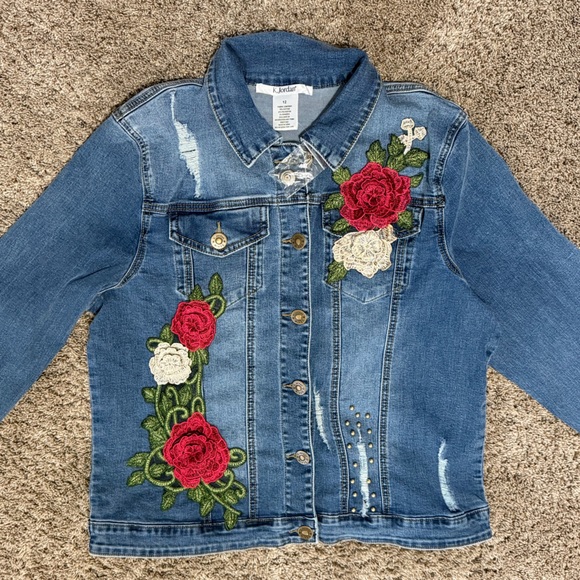 K Jordan Women’s Embroidered Distressed Blue Denim Jean Jacket Size 12 NWOT - Picture 3 of 8